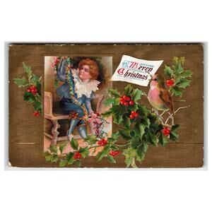 1909 Vintage Embossed Christmas Postcard with Child & Robin Bird